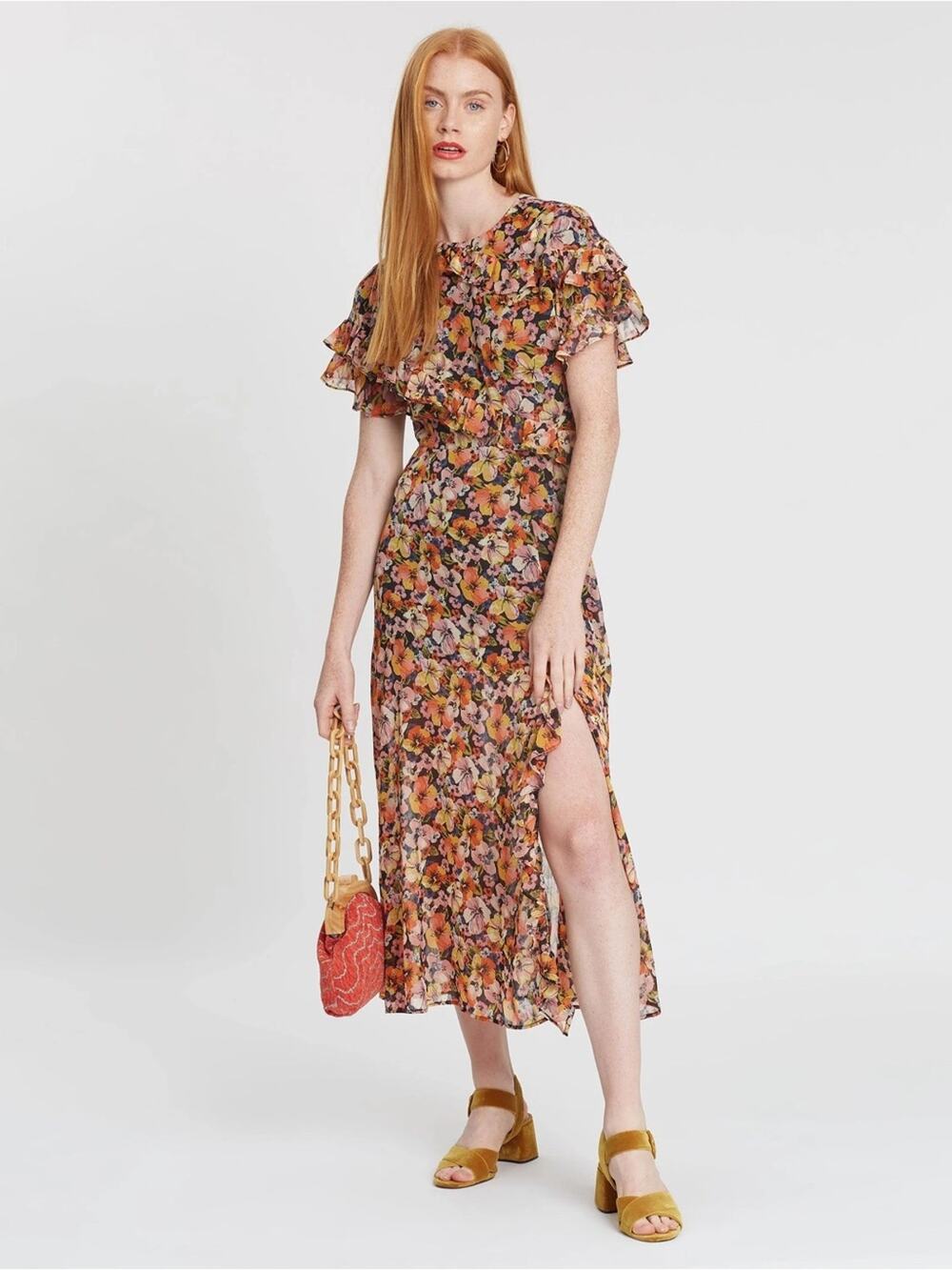 Topshop Pansy Print Ruffle Midi Dress Floral Pattern Size US 6